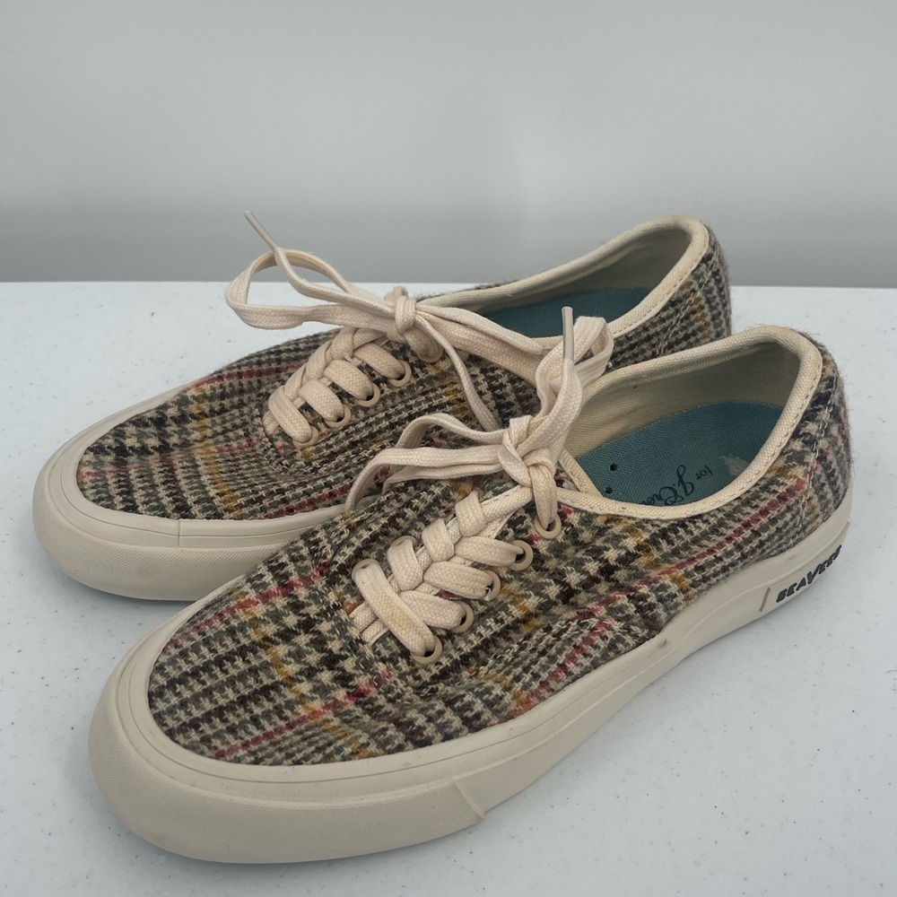 Seavee's J Crew collab plaid tan textile upper sneaker